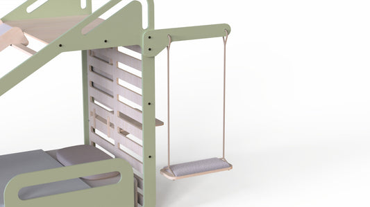 Pat Montessori din lemn MamaToyz, cu tobogan, tabla de scris, masuta si leagan, Verde