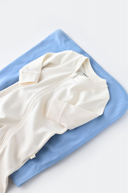 Salopeta cu fermoar cu maneca lunga si pantaloni lungi - 100%bumbac organic - Ecru, BabyCosy