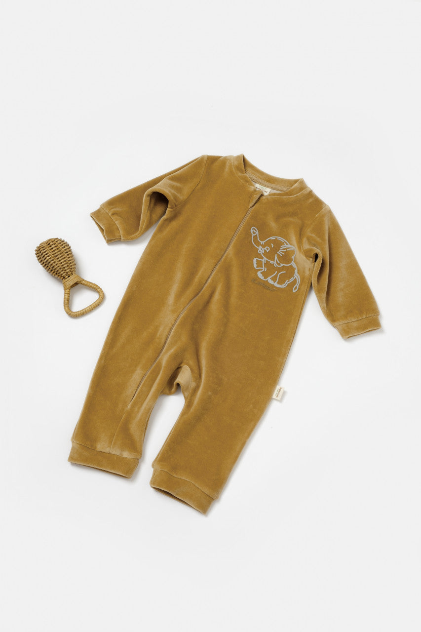 Salopeta Elefant cu maneca lunga din 80%bumbac organic si 20% poliester - Mustar, BabyCosy