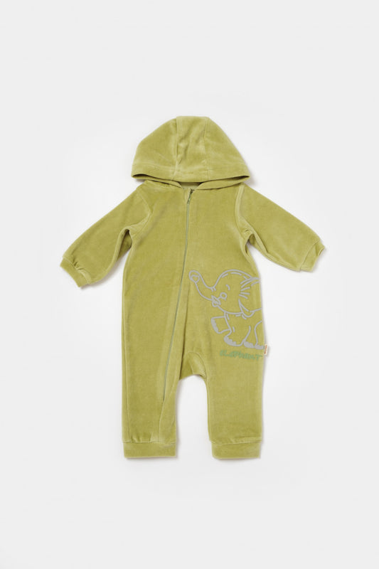 Salopeta Elefant cu maneca lunga si gluga din 80%bumbac organic si 20% poliester - Verde, BabyCosy