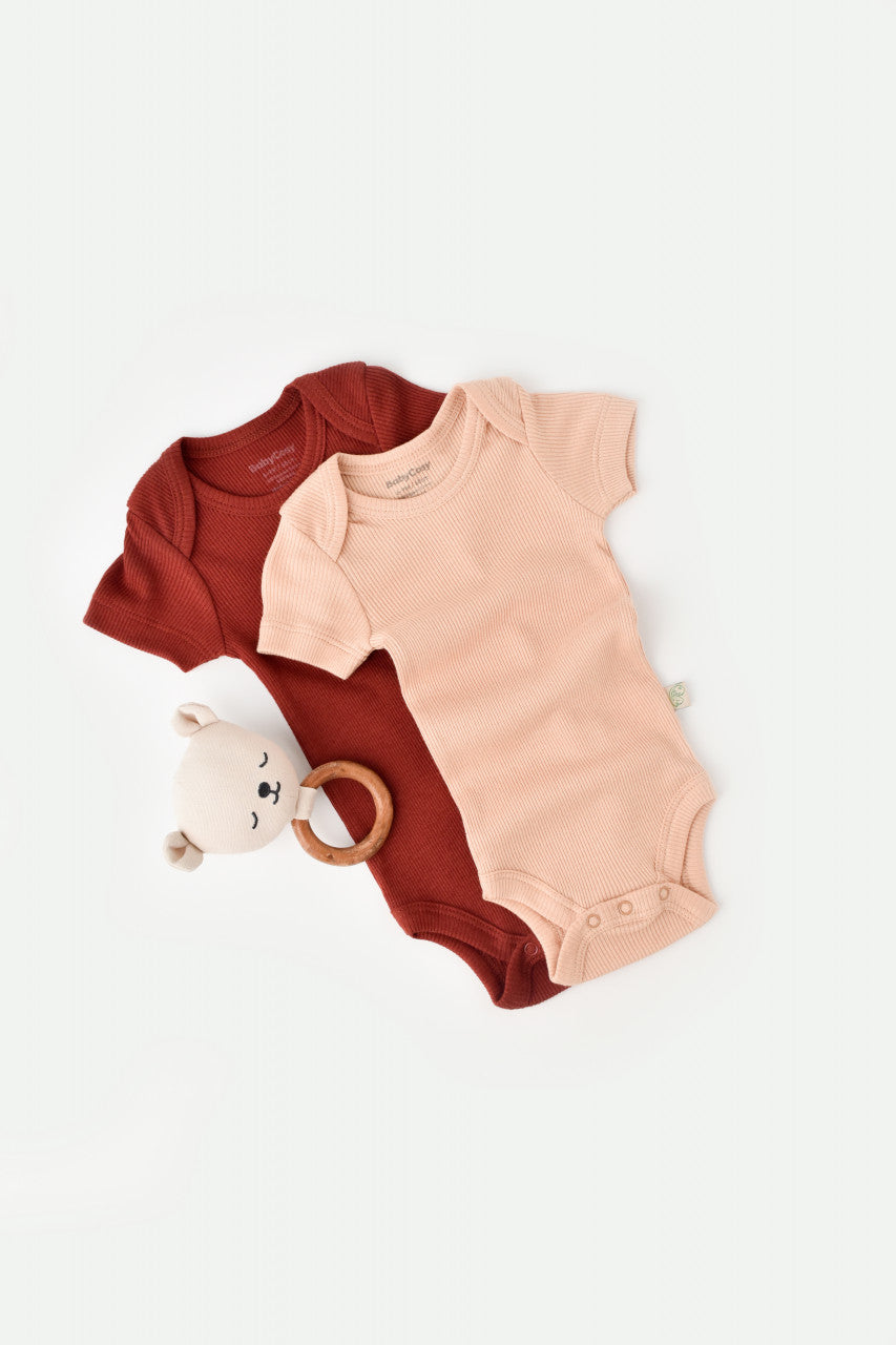 Set 2 body-uri bebe unisex din bumbac organic si modal - Caramiziu/Somon, BabyCosy