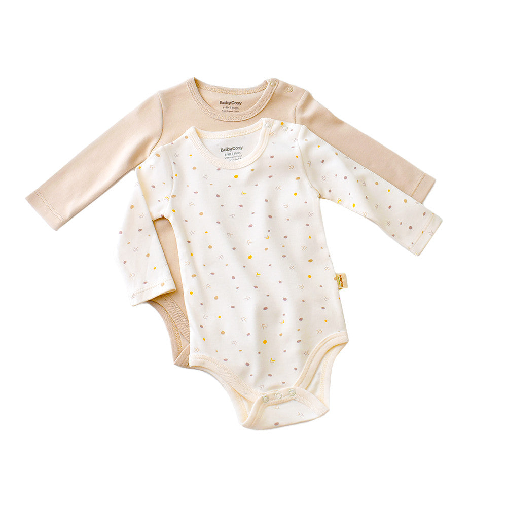 Set 2 body-uri cu maneca lunga bebe unisex -100% bumbac organic - Ecru cu buline, BabyCosy