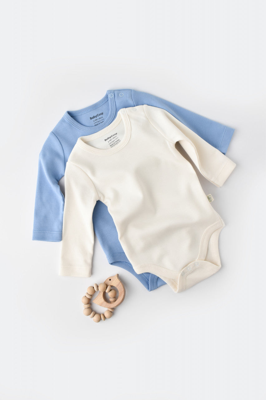 Set 2 body-uri cu maneca lunga bebe unisex -100% bumbac organic - Ecru/Bleu, BabyCosy