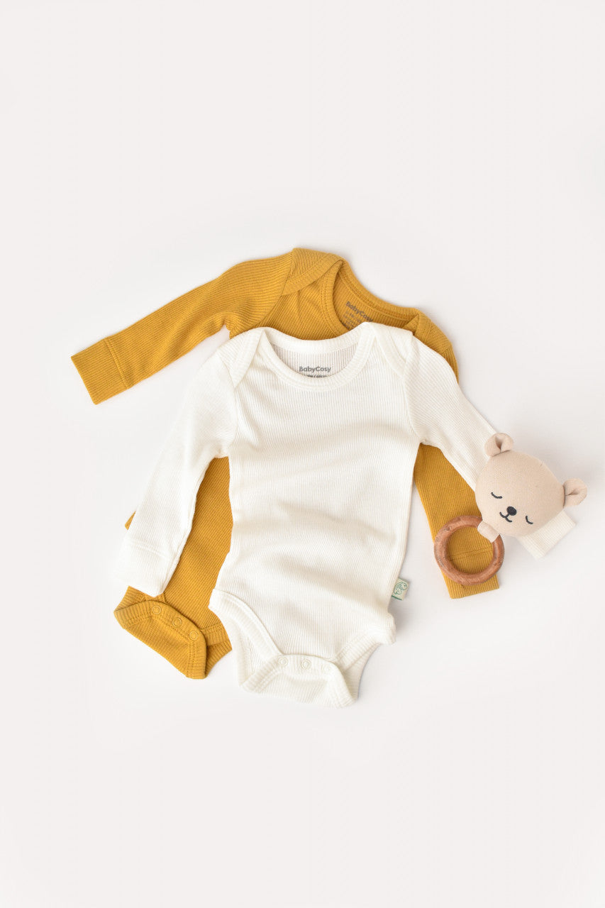 Set 2 body-uri cu maneca lunga bebe unisex din bumbac organic si modal - Mustar/Ecru, BabyCosy