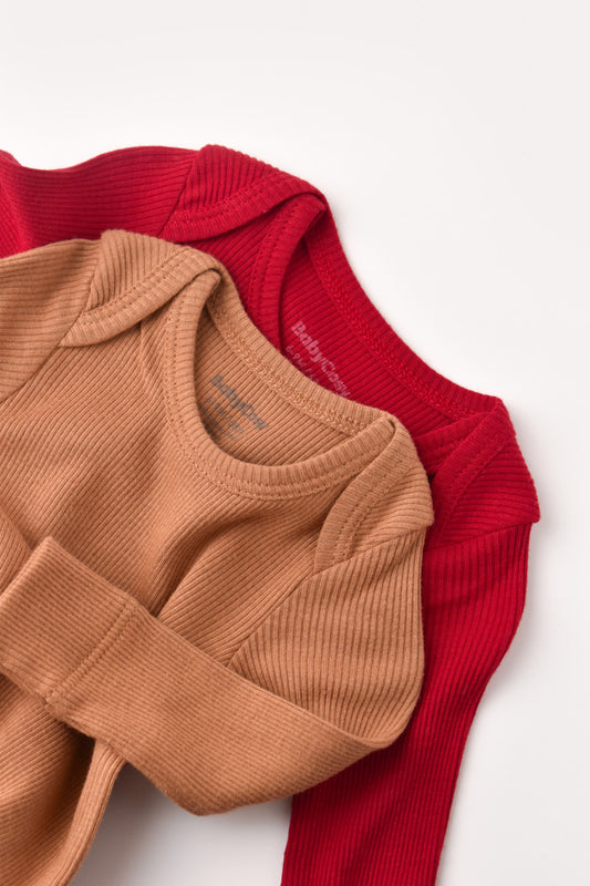 Set 2 body-uri cu maneca lunga bebe unisex din bumbac organic si modal - Maro/Rosu, BabyCosy