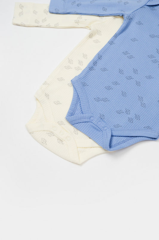 Set 2 body-uri cu maneca lunga Printed, BabyCosy, 50% modal+50% bumbac, Ecru/Lavanda