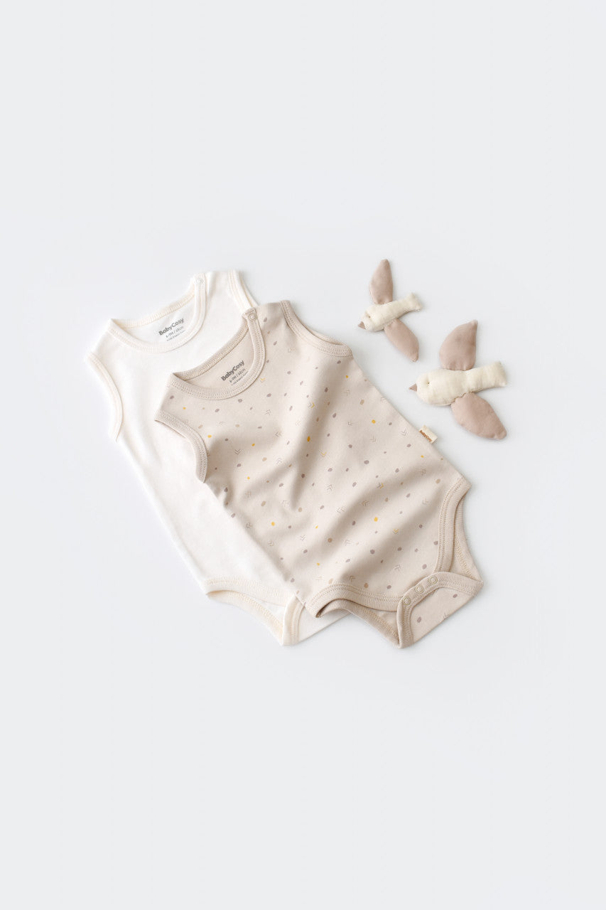 Set 2 body-uri fara maneci bebe unisex -100% bumbac organic - Crem cu buline, BabyCosy