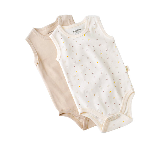 Set 2 body-uri fara maneci bebe unisex -100% bumbac organic - Ecru cu buline, BabyCosy