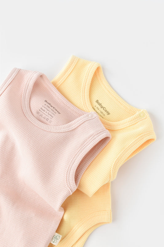 Set 2 body-uri fara maneci bebe unisex -100% bumbac organic - Galben/Roz, BabyCosy