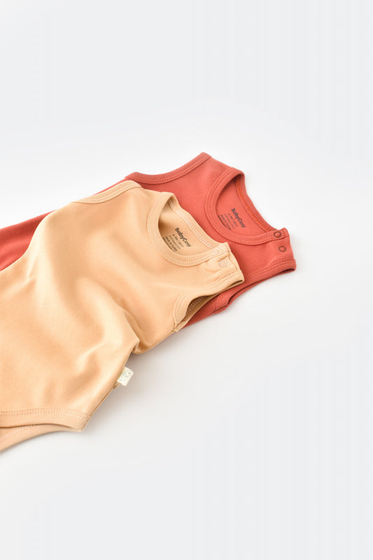 Set 2 body-uri fara maneci bebe unisex -100% bumbac organic - Mustar/ Scortisoara, BabyCosy