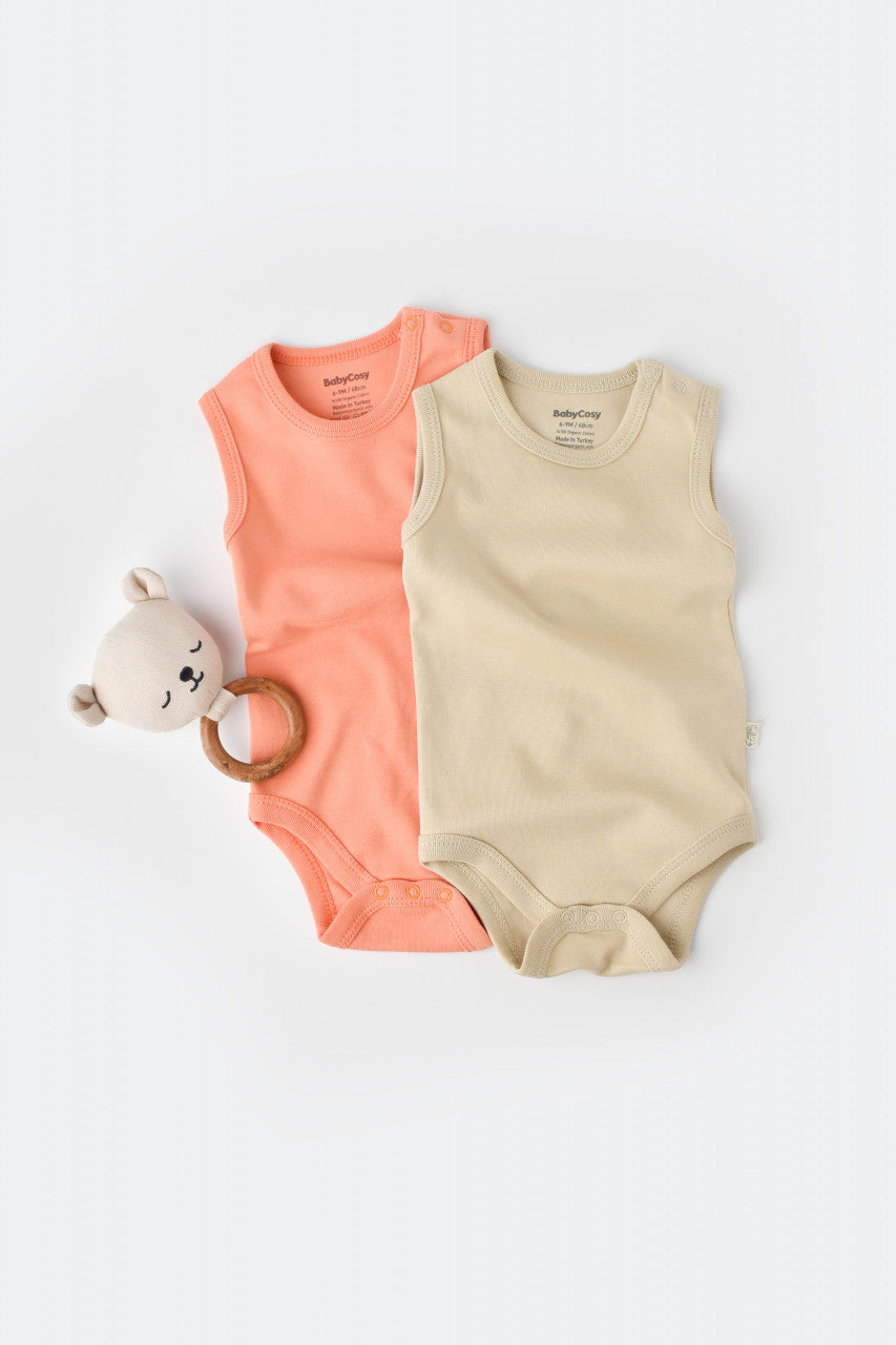 Set 2 body-uri fara maneci bebe unisex -100% bumbac organic - Roz/Crem, BabyCosy