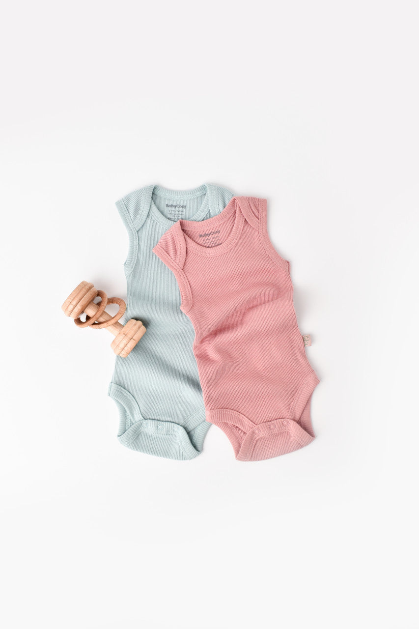 Set 2 body-uri fara maneci bebe unisex din bumbac organic si modal - Mint/Rose, BabyCosy