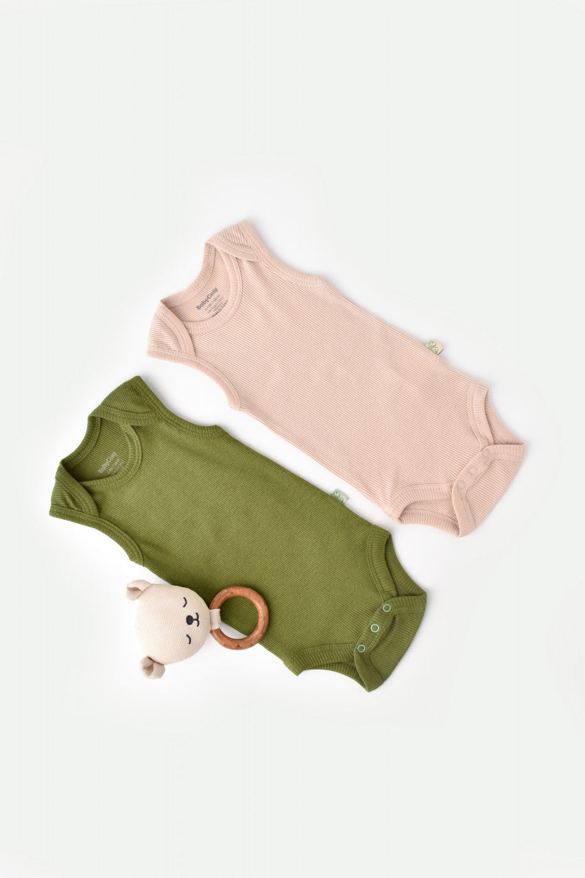 Set 2 body-uri fara maneci bebe unisex din bumbac organic si modal - Verde/Blush, BabyCosy