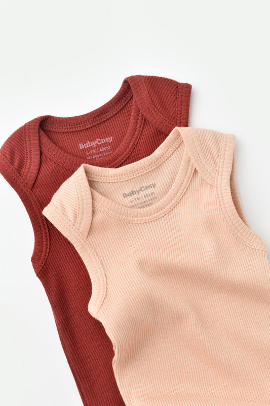 Set 2 body-uri fara maneci bebe unisex din bumbac organic si modal - Caramiziu/Somon, BabyCosy