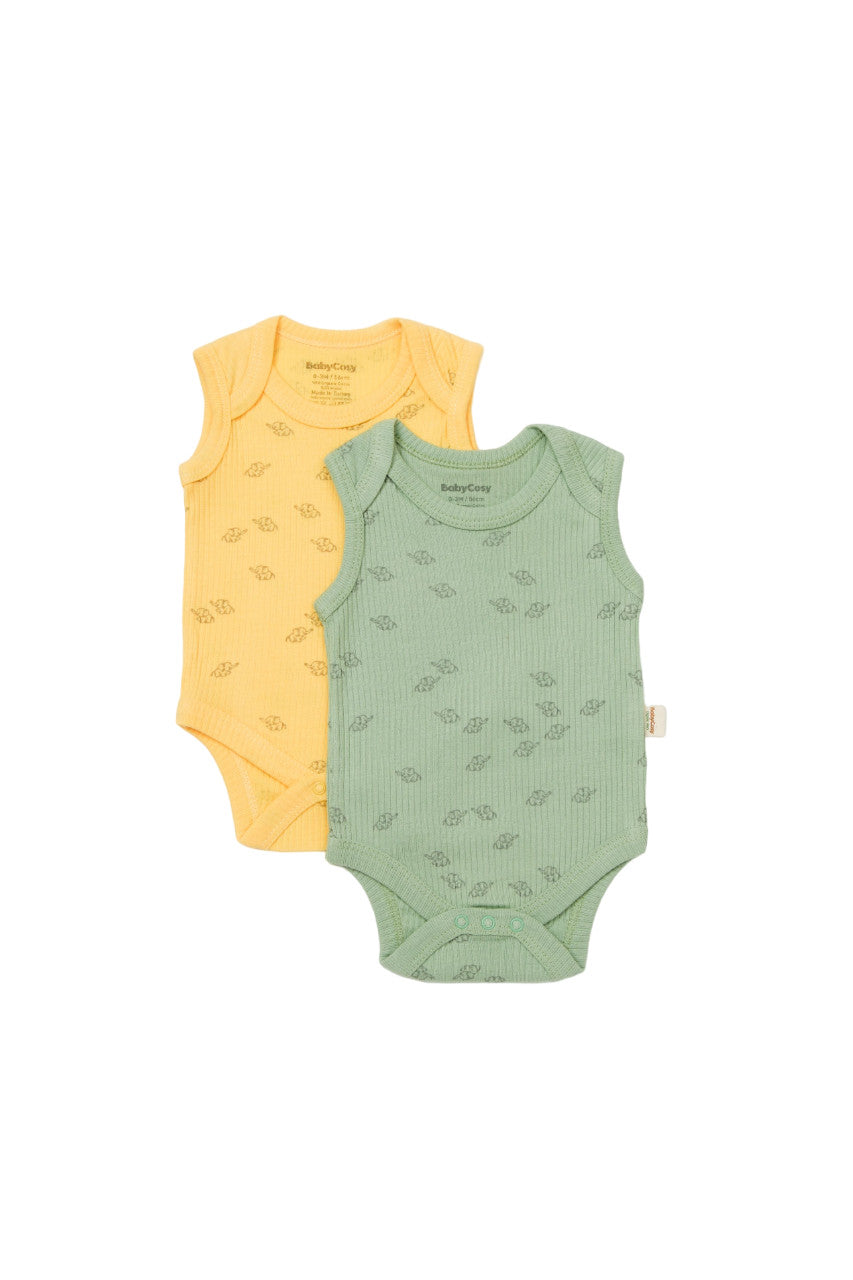 Set 2 body-uri fara maneci Printed, BabyCosy, 50% modal+50% bumbac, Lamaie/Verde
