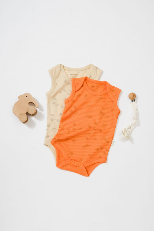 Set 2 body-uri fara maneci Printed, BabyCosy, 50% modal+50% bumbac, Stone/Apricot