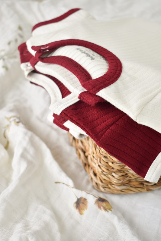 Set 2 body-uri Ribana Bebe Unisex din bumbac organic si 5%elastan - Ecru/Bordo, BabyCosy