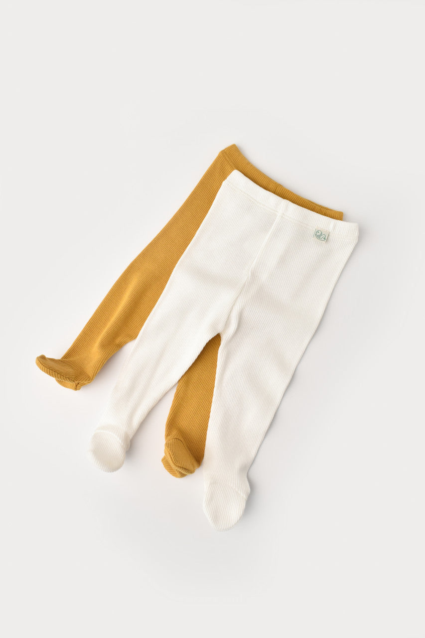 Set 2 pantaloni cu botosei bebe unisex din bumbac organic si modal - Mustar/Ecru, BabyCosy
