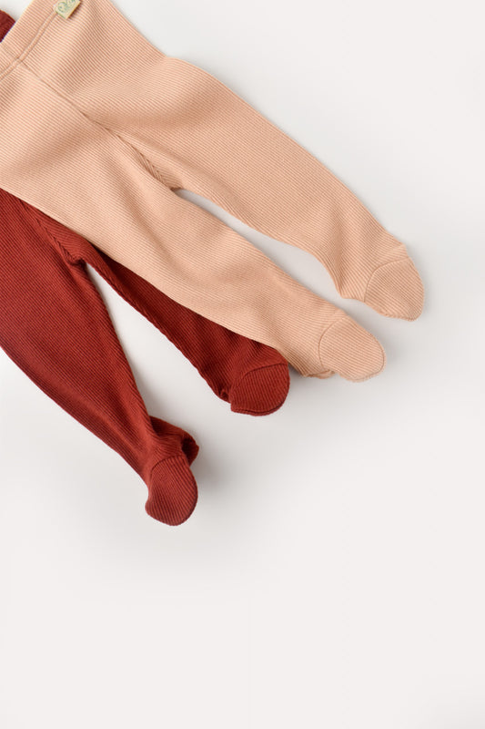 Set 2 pantaloni cu botosei bebe unisex din bumbac organic si modal - Caramiziu/Somon, BabyCosy