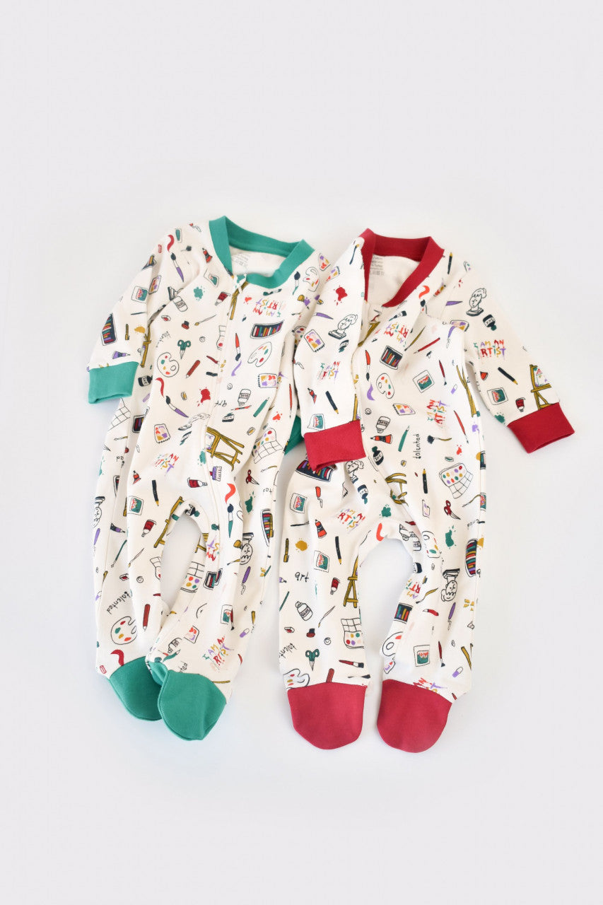 Set 2 salopetele cu maneca lunga si pantaloni cu botosei si fermoar - 100%bumbac organic - Rosu si verde, BabyCosy