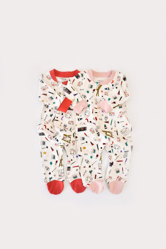 Set 2 salopetele cu maneca lunga si pantaloni cu botosei si fermoar - 100%bumbac organic - Portocaliu si Pudra, BabyCosy