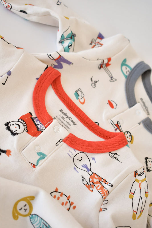 Set 2 salopetele cu maneca lunga si pantaloni lungi - 100%bumbac organic - Rosu si Gri, BabyCosy