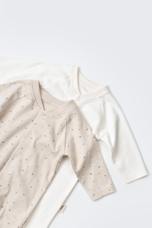 Set 2 salopetele cu maneca lunga si pantaloni lungi cu botosei - 100%bumbac organic - Crem cu buline, BabyCosy
