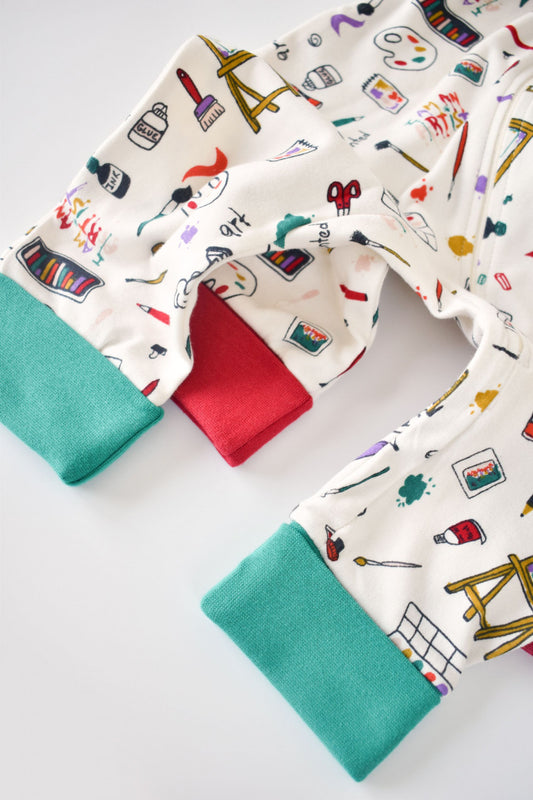 Set 2 salopetele cu maneca lunga si pantaloni lungi cu fermoar - 100%bumbac organic - Rosu si Verde, BabyCosy