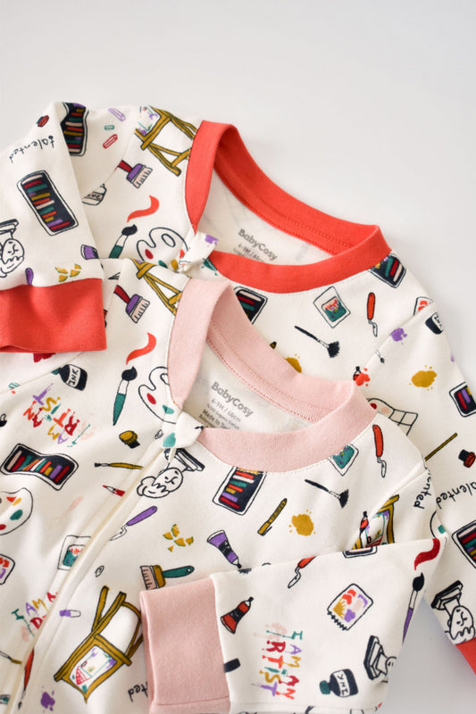 Set 2 salopetele cu maneca lunga si pantaloni lungi cu fermoar - 100%bumbac organic - Portocaliu si Pudra, BabyCosy