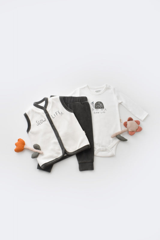 Set 3 piese Broscuta cu body, pantalonasi si vestuta din 80%bumbac organic si 20% poliester - Antracit, BabyCosy