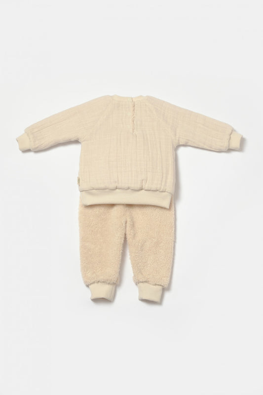 Set bluza cu buzunar si pantaloni Ursulet, Winter muselin, 100% bumbac dublat - Stone, BabyCosy