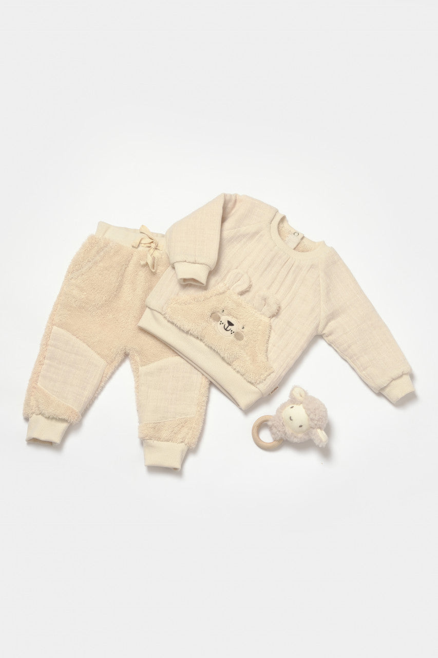 Set bluza cu buzunar si pantaloni Ursulet, Winter muselin, 100% bumbac dublat - Stone, BabyCosy