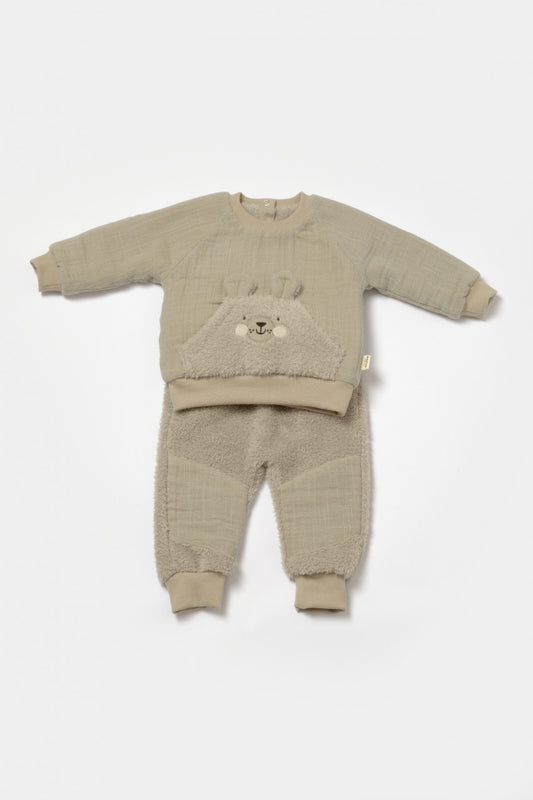 Set bluza cu buzunar si pantaloni Ursulet, Winter muselin, 100% bumbac dublat - Verde, BabyCosy