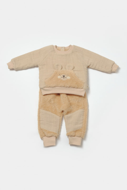 Set bluza cu buzunar si pantaloni Ursulet, Winter muselin, 100% bumbac dublat - Apricot, BabyCosy