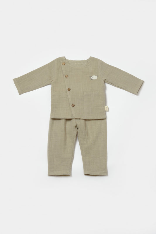 Set bluza cu nasturi si pantaloni , Winter muselin, 100% bumbac - Verde, BabyCosy