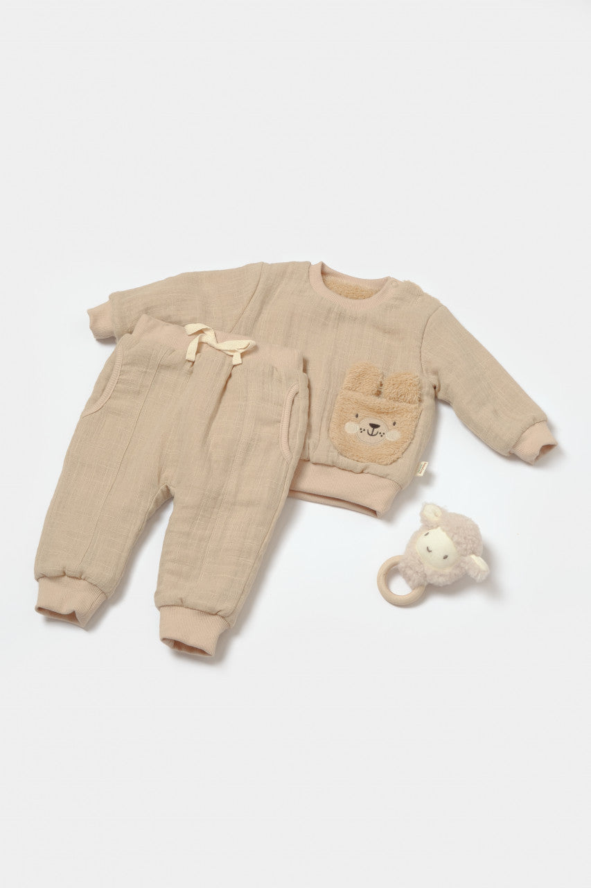 Set bluza dublata si pantaloni Ursulet, Winter muselin - Apricot, BabyCosy