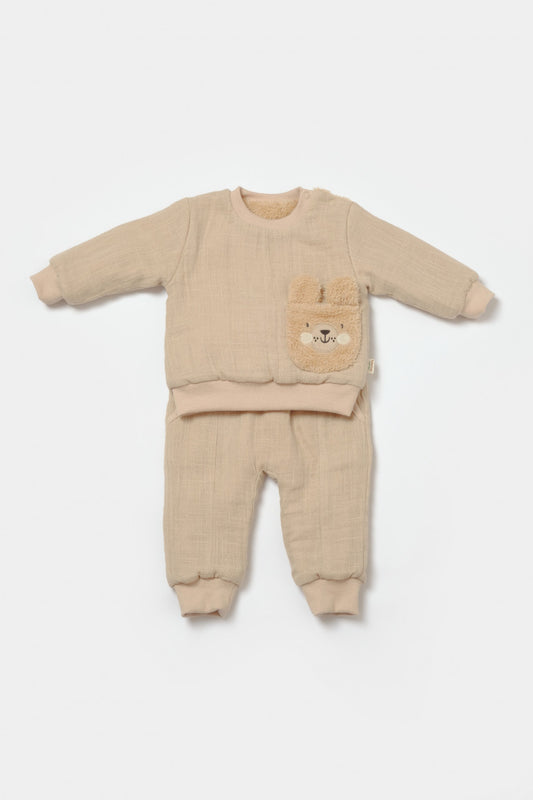 Set bluza dublata si pantaloni Ursulet, Winter muselin - Apricot, BabyCosy