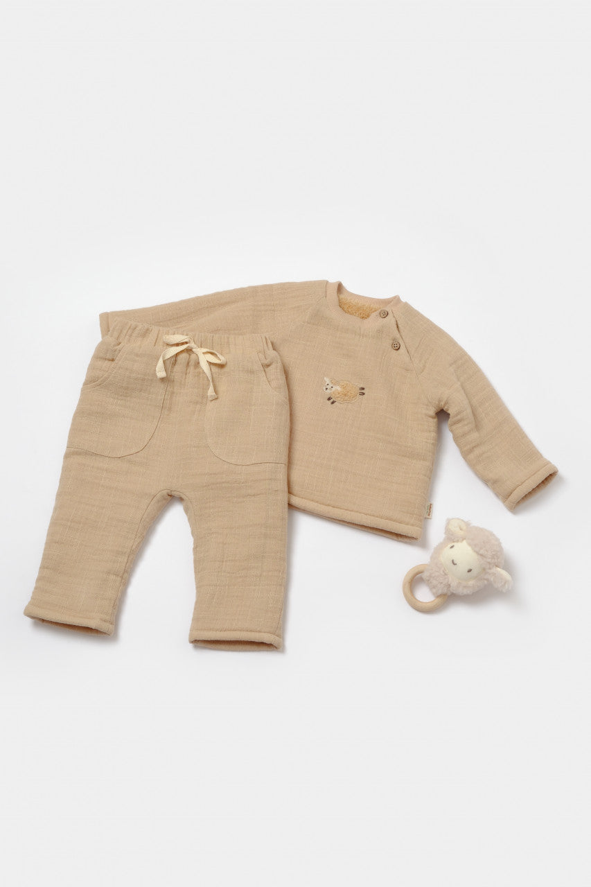Set bluza dublata si pantaloni, Winter muselin - Apricot, BabyCosy