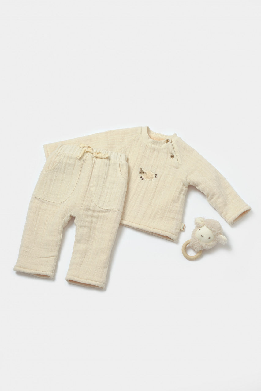 Set bluza dublata si pantaloni, Winter muselin - Stone, BabyCosy