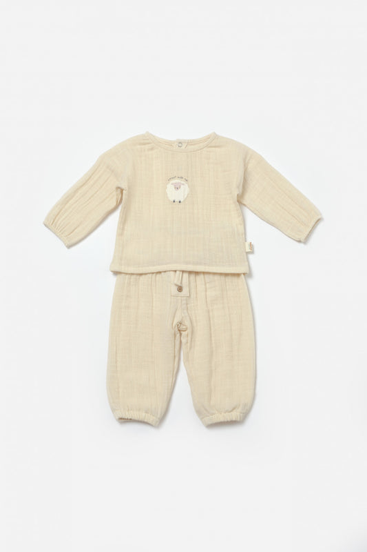Set bluza si pantaloni, Winter muselin, 100% bumbac - Stone, BabyCosy