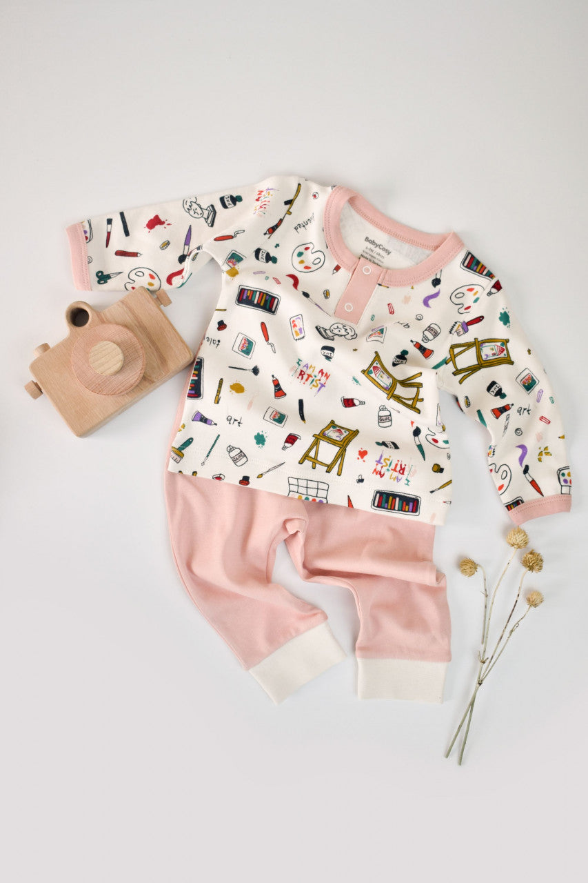 Set bluzita cu maneca lunga si nasturei si pantaloni lungi, 100% bumbac organic, BabyCosy, Pudra