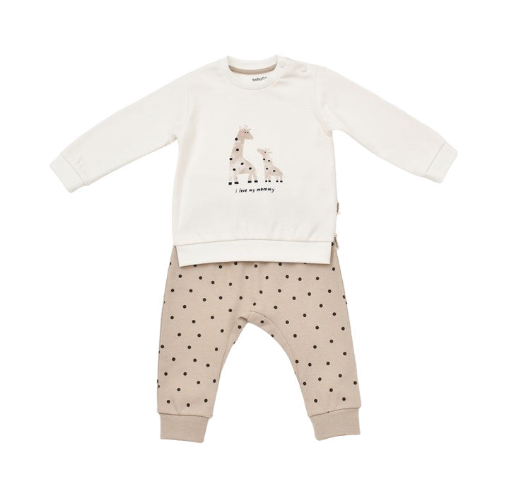 Set bluzita cu maneca lunga si pantaloni lungi cu buline Girafa, BabyCosy, 100% bumbac organic, Ecru