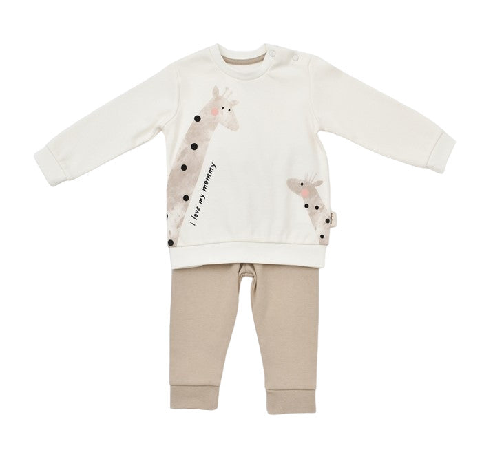 Set bluzita cu maneca lunga si pantaloni lungi Girafa, BabyCosy, 100% bumbac organic, Ecru