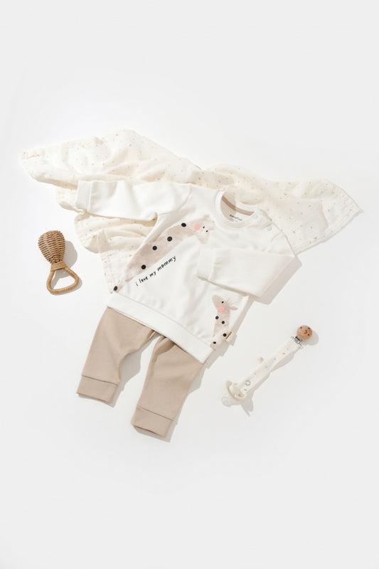 Set bluzita cu maneca lunga si pantaloni lungi Girafa, BabyCosy, 100% bumbac organic, Ecru