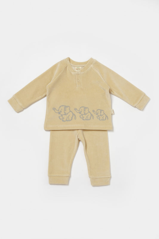 Set bluzita si pantaloni Elefant, 80%bumbac organic si 20% poliester - Stone, BabyCosy