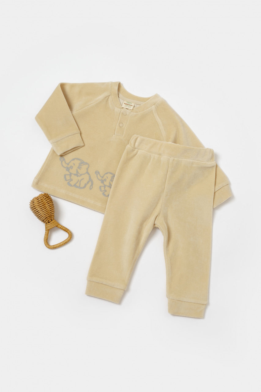 Set bluzita si pantaloni Elefant, 80%bumbac organic si 20% poliester - Stone, BabyCosy