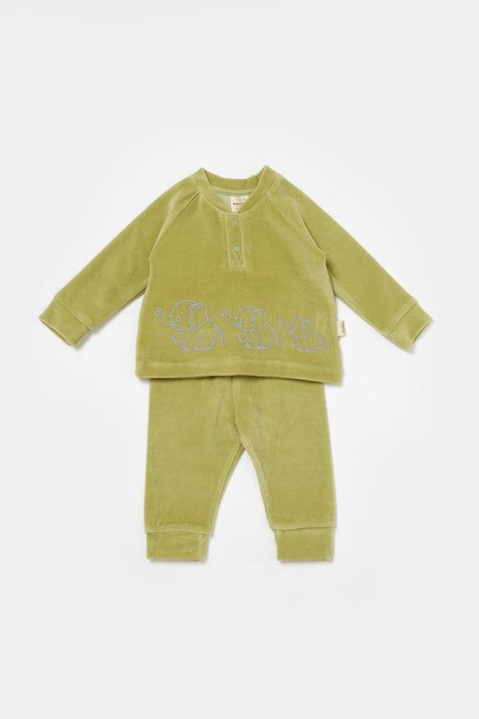 Set bluzita si pantaloni Elefant, 80%bumbac organic si 20% poliester - Verde, BabyCosy
