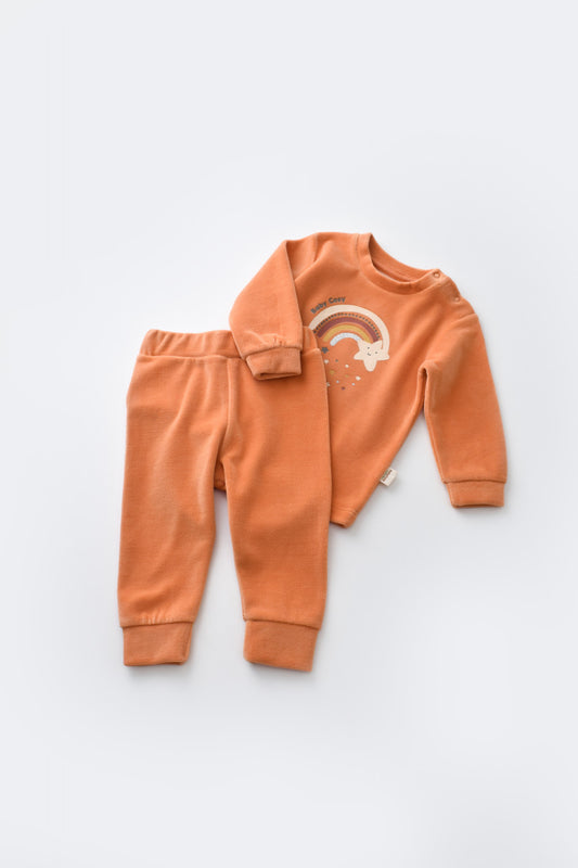 Set Curcubeu cu bluzita cu maneca lunga si pantaloni lungi din 80%bumbac organic si 20% poliester - Portocaliu, BabyCosy