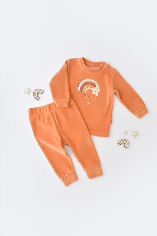 Set Curcubeu cu bluzita cu maneca lunga si pantaloni lungi din 80%bumbac organic si 20% poliester - Portocaliu, BabyCosy