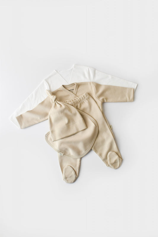 Set de 5 piese pentru nou nascut - 100% bumbac organic - Crem, BabyCosy